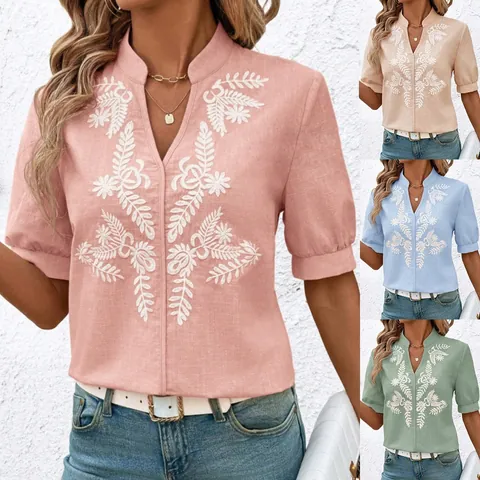 Women V Neck Embroidered Cotton Short Sleeve Shirt Casual Summer Floral Pullover Blouse Elegant Top For Women Daily Fashion
