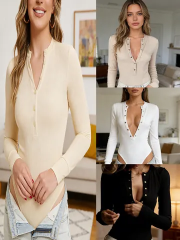 Women Sexy Ribbed Knit Long Sleeve Bodysuit Henley Neck Slim Fit Snap Button Leotard Top Basic Solid Color Streetwear Romper