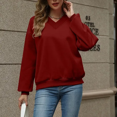 Sweatshirt Oversize Femme Décontracté Col en V Doublé Polaire Mélange Coton Manches Longues Pull Top Automne Hiver