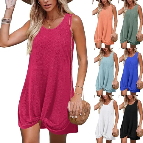 Women Sleeveless Hollow Out Twist Hem Mini Dress Summer Beach Vacation Tropical Print Solid Round Neck Pointelle Knit Dress