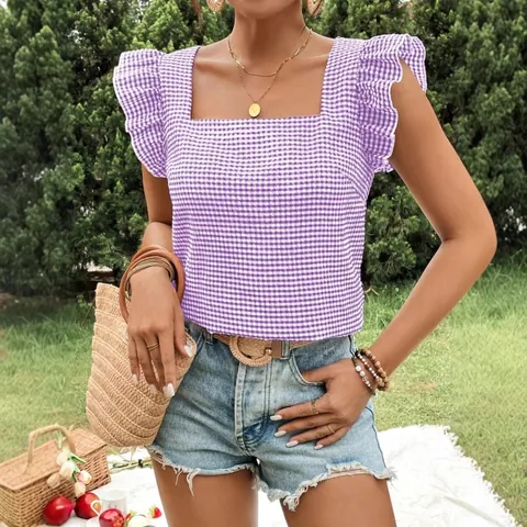 Women Plaid Gingham Ruffle Sleeve Blouse Summer Casual Square Neck Patchwork Pullover Top Sweet Vacation Short Sleeve Shirt