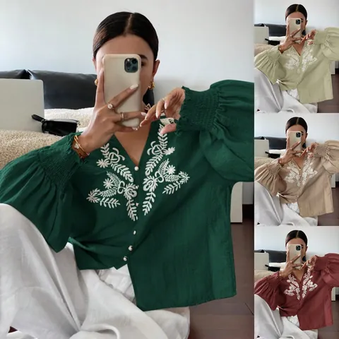 Women's Casual Polyester Cotton Blend Floral Embroidery V-Neck Button Down Lantern Sleeve Cardigan Shirt Top
