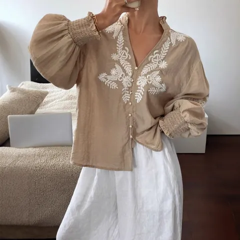 Women's Casual Polyester Cotton Blend Floral Embroidery V-Neck Button Down Lantern Sleeve Cardigan Shirt Top