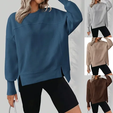 Sweat-shirt Femme Décontracté Col Rond Fente Latérale Manches Longues Pull Mélange de Coton Douce Couleur Unie Automne Hiver