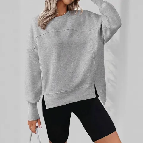 Sweat-shirt Femme Décontracté Col Rond Fente Latérale Manches Longues Pull Mélange de Coton Douce Couleur Unie Automne Hiver
