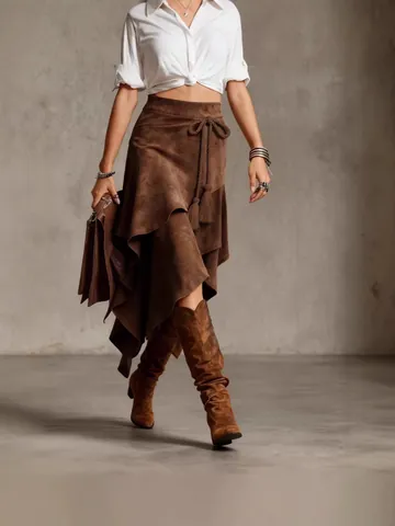 Jupe Midi en Suédine Vintage Style Cowboy pour Femmes Ourlet à Pompons Irrégulier Taille Haute Bohème Jupe Trapèze Unie