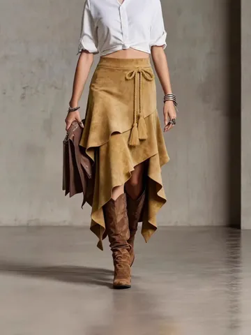 Jupe Midi en Suédine Vintage Style Cowboy pour Femmes Ourlet à Pompons Irrégulier Taille Haute Bohème Jupe Trapèze Unie