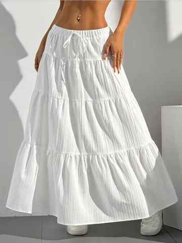 Women's Casual High Waist Tiered Maxi Skirt Solid Color Patchwork A-Line Pleated Long Skirt With Drawstring Elastic Waistband
