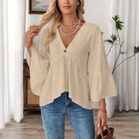 Women V-Neck Ruffle Sleeve Cotton Blouse Casual Solid Color Loose Fit Top For Spring Summer Fashion Clothing