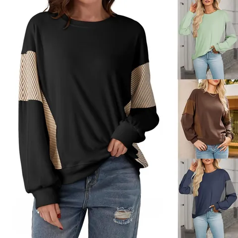 Women's Casual Striped Color Block Sweatshirt Fall Winter Round Neck Long Sleeve Pullover Loose Top Fashion Patchwork Streetwear