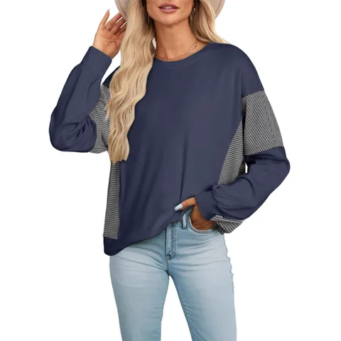 Women's Casual Striped Color Block Sweatshirt Fall Winter Round Neck Long Sleeve Pullover Loose Top Fashion Patchwork Streetwear