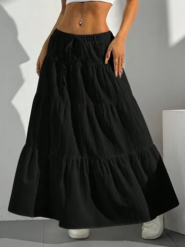 Women's Casual High Waist Tiered Maxi Skirt Solid Color Patchwork A-Line Pleated Long Skirt With Drawstring Elastic Waistband