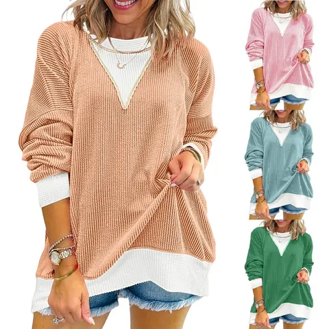 Women Casual Colorblock Waffle Knit Sweatshirt Loose Crewneck Long Sleeve Top Pullover Patchwork Autumn Streetwear Shirt
