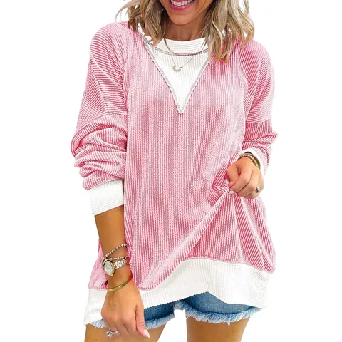 Women Casual Colorblock Waffle Knit Sweatshirt Loose Crewneck Long Sleeve Top Pullover Patchwork Autumn Streetwear Shirt