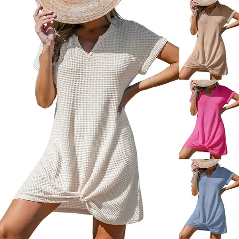 Women's V-Neck Waffle Knit Dress Casual Short Sleeve Twist Knot Hem Mini Beach Cover Up Vacation Dress Solid Color Fashion