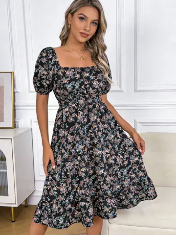 Women Floral Print Square Neck Short Sleeve Smocked Waist A-Line Dress Summer Ruffle Hem Casual Boho Midi Polyester Dress
