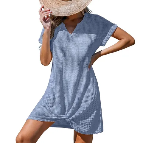 Women's V-Neck Waffle Knit Dress Casual Short Sleeve Twist Knot Hem Mini Beach Cover Up Vacation Dress Solid Color Fashion