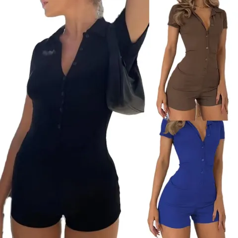 Women Ribbed Knit Romper Short Sleeve Lapel Collar Button Down Slim Fit Top And Bottom Solid Color Casual Streetwear Jumpsuit