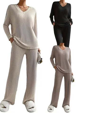 Women Casual Ribbed Knit V-Neck Long Sleeve Top And Bottom Straight Leg Pants Loungewear Homewear WLX-5230902 Comfortable Set