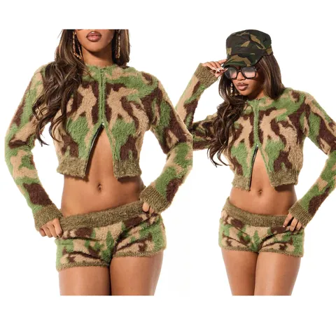 Conjunto de Camuflaje Tejido para Mujer Top Corto de Manga Larga con Cremallera y Pantalones Cortos Streetwear para Uso Diario