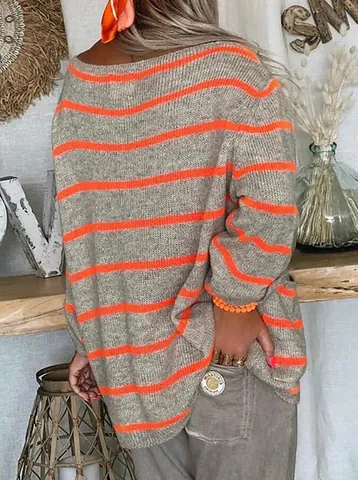 Damen Oversize Gestreifter Strickpullover Rundhalsausschnitt Langarm Pullover Mit Taschen Zierknöpfen Lockerer Top