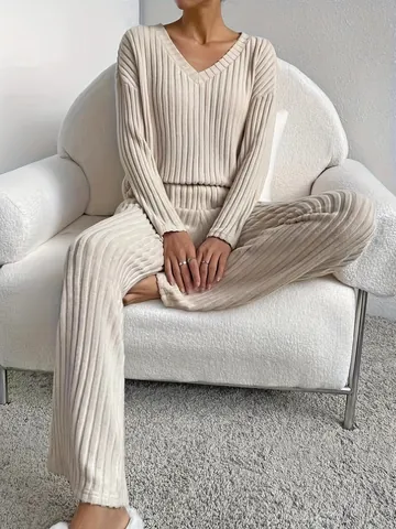 Women Ribbed Knit Two Piece Set V Neck Long Sleeve Top And Wide Leg Pants Casual Solid Loungewear Outfit Streetwear