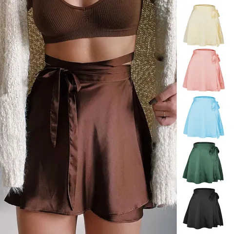 Damen Sexy Hohe Taille Satin Wickelrock Balletcore Einfarbig Seitliche Schnürung Minirock Glänzend A-Linie Kurzer Rock