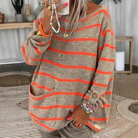 Women Striped Contrast Color Knit Sweater Crew Neck Loose Long Sleeve Pullover Pockets Casual Winter Streetwear Top