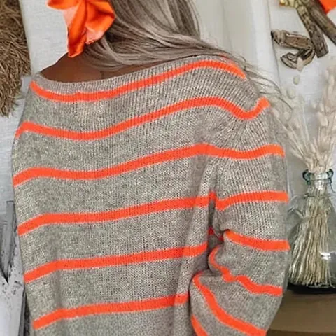 Women Striped Contrast Color Knit Sweater Crew Neck Loose Long Sleeve Pullover Pockets Casual Winter Streetwear Top