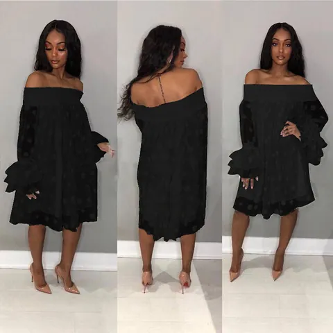 Women Off Shoulder Polka Dot Jacquard Mini Dress Tiered Flare Sleeve Loose Fit Casual Party Dress Top And Bottom Outfit