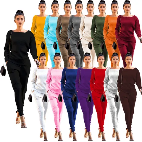Women Urban Casual Two Piece Set Polyester Ribbed Knit Long Sleeve Top And Bottom Sets Autumn Winter Loungewear