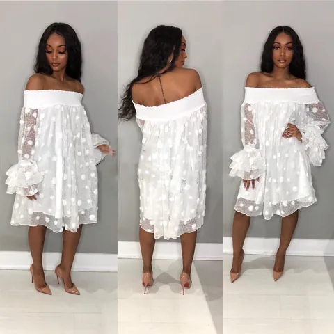 Women Off Shoulder Polka Dot Jacquard Mini Dress Tiered Flare Sleeve Loose Fit Casual Party Dress Top And Bottom Outfit