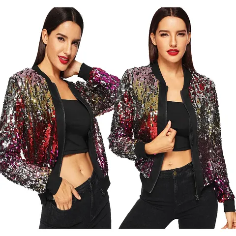 Chaqueta Bomber con Lentejuelas para Mujer Degradado Multicolor Brillante Cremallera Casual Moda Manga Larga Abrigo Baseball