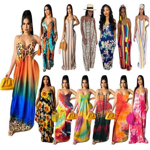 Women Casual Loose Spaghetti Strap Maxi Dress Cotton V Neck Sleeveless Summer Vacation Backless Dress With Pockets