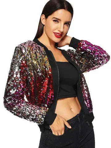 Chaqueta Bomber con Lentejuelas para Mujer Degradado Multicolor Brillante Cremallera Casual Moda Manga Larga Abrigo Baseball