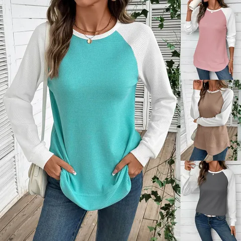 Maglietta da Donna in Maglia a Nido d Ape a Blocchi di Colore Casual Raglan a Maniche Lunghe Girocollo Pullover Top Colore a Contrasto