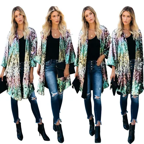 Chaqueta Casual de Lentejuelas para Mujer Manga Acampanada Degradado de Arcoíris Abierta por Delante Abrigo de Largo Medio Moda Fiesta Top