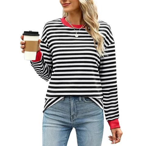 Women Striped Long Sleeve Top Casual Color Block Crew Neck Loose Fit T-Shirt Autumn Winter Fashion Patchwork Pullover Top