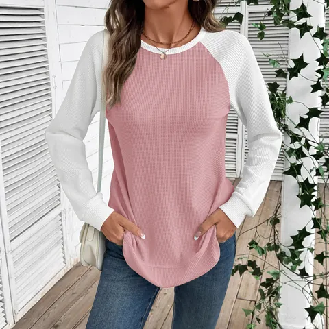 Maglietta da Donna in Maglia a Nido d Ape a Blocchi di Colore Casual Raglan a Maniche Lunghe Girocollo Pullover Top Colore a Contrasto