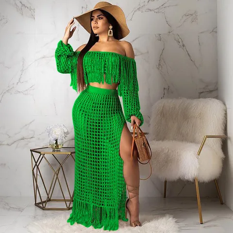 Women Casual Mesh Tassel Beach Skirt Set Off Shoulder Long Sleeve Top And High Slit Long Skirt Bohemian Vacation Outfit