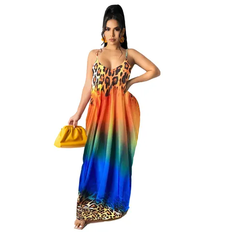 Women Casual Loose Spaghetti Strap Maxi Dress Cotton V Neck Sleeveless Summer Vacation Backless Dress With Pockets