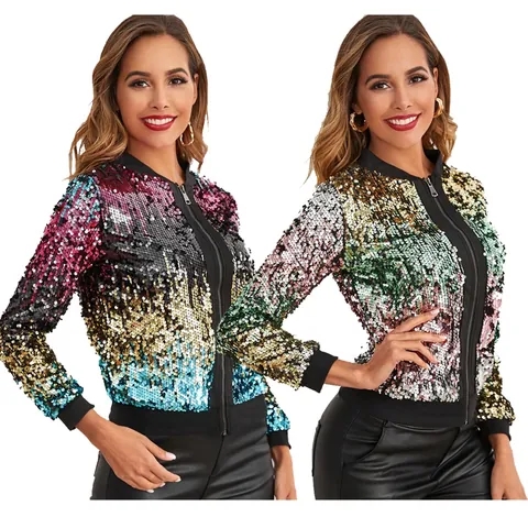 Chaqueta Bomber de Lentejuelas para Mujer Multicolor Degradado Patchwork Cremallera Casual Abrigo de Manga Larga Moda Fiesta