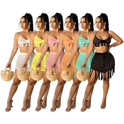 Women's Sexy Crochet Mesh Bikini Beachwear Top And Bottom Bohemian Hollow Out Tassel Halter Vacation Swimsuit Set