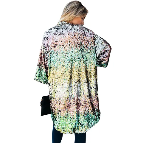 Chaqueta Casual de Lentejuelas para Mujer Manga Acampanada Degradado de Arcoíris Abierta por Delante Abrigo de Largo Medio Moda Fiesta Top