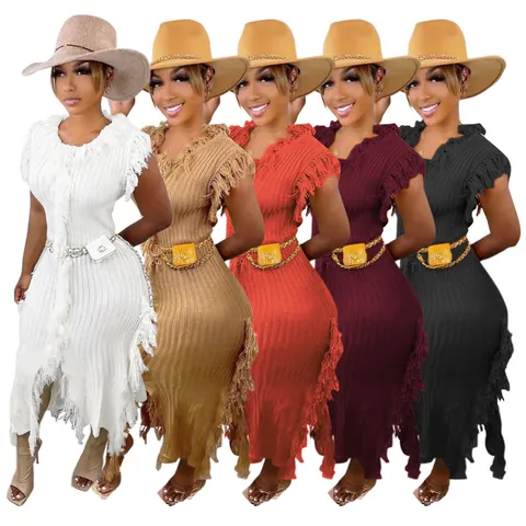 Women Sexy Sleeveless Knitted Fringe Midi Dress Ribbed Bodycon Tassel Tank Dress For Streetwear Club Party Summer Vacation