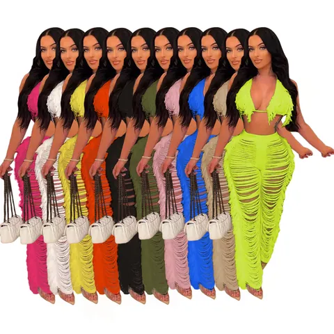 Set Bikini da Donna con Scollo all'Americana e Nappine Top E Sotto in Maglia Boho Spiaggia Traforata Pantaloni Lunghi