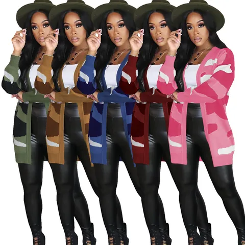 Women's Casual Camouflage Print Knit Cardigan Jacket Long Sleeve Open Front Polyester Mid-Length Sweater Top For Autumn Winter
