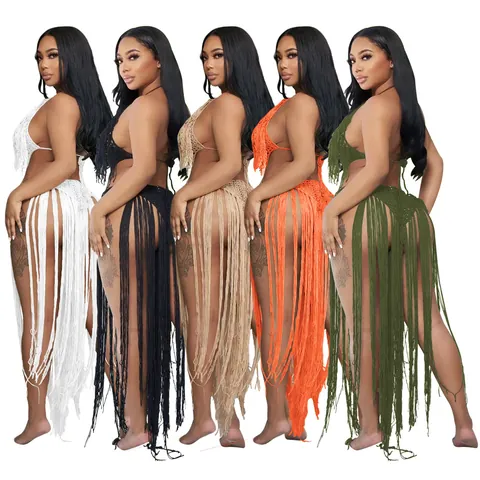Women's Sexy Hollow Out Crochet Knit One-Piece Swimsuit Long Tassel Bohemian Beachwear Summer Halter Monokini Bathing Suit