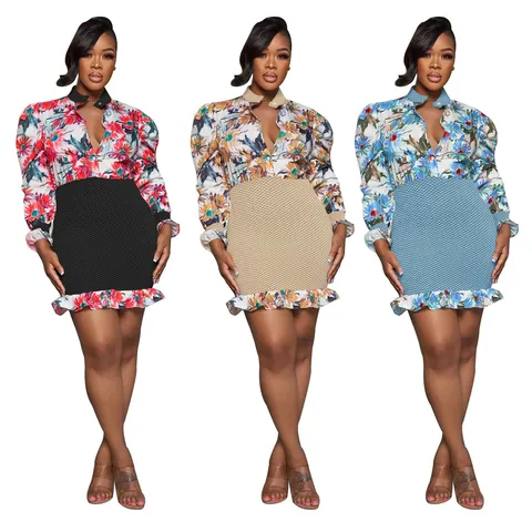 Women Floral Printed Mesh Splicing Bodycon Dress Long Puff Sleeve Ruffle Hem V-Neck High Waist Slim Mini Dress For Party