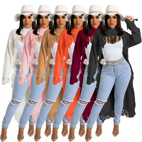 Women's Casual Long Tassel Sweater Top Solid Color Knitted Hollow Out Fringe Outerwear Streetwear Pullover